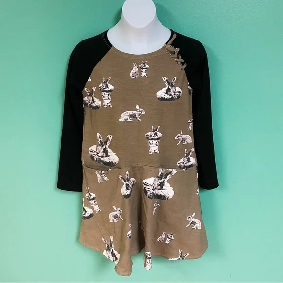 Art & Eden Black & Khaki Green Long Sleeve Bunny Graphic Skater Dress Girls 8